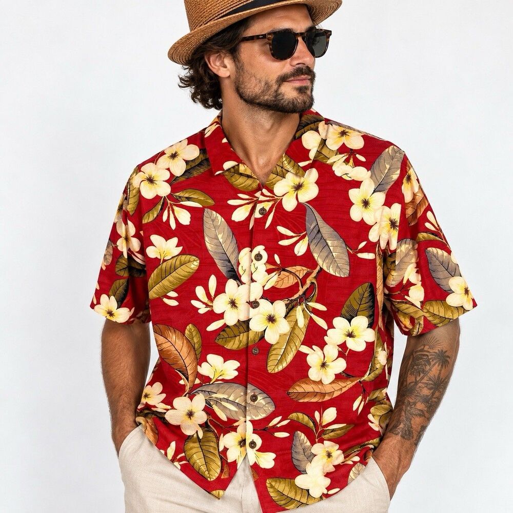 Jamaica Jaxx 100% Silk Hawaiian Shirt Men’s L Red Floral Aloha Boho